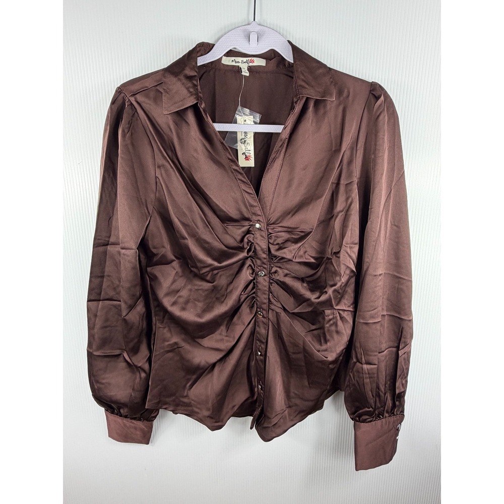 Miss Selfie‎ Blouse M Brown Ruched Satin Shiny Button Up Y2K Whimsygoth Vintage